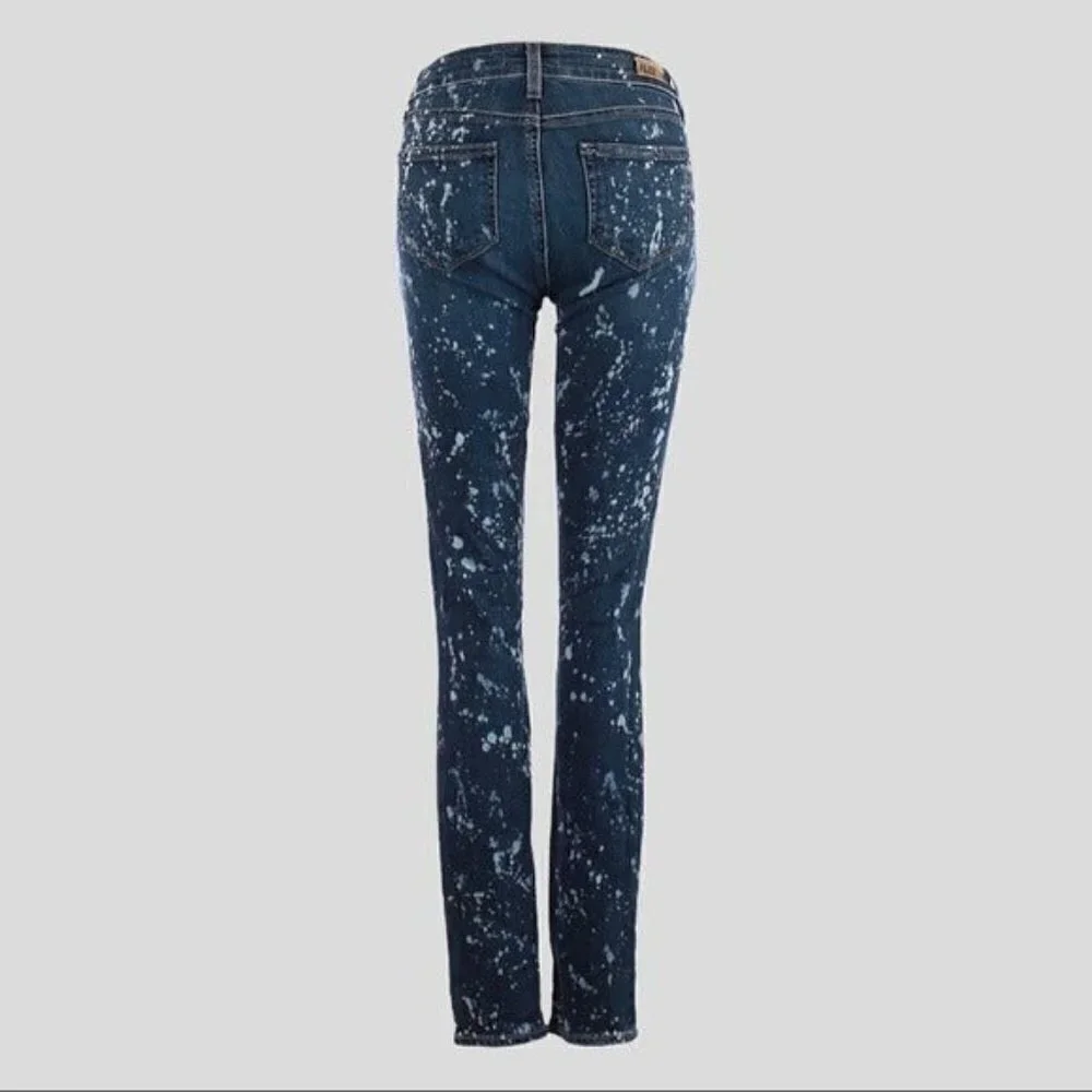 Paige Edgemont Acid Paint Splatter Moto Zip Distressed Skinny Jeans 25 Low Rise